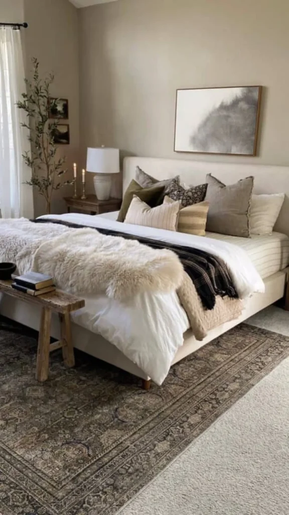 organic modern bedroom ideas wool rug beneath bed layered