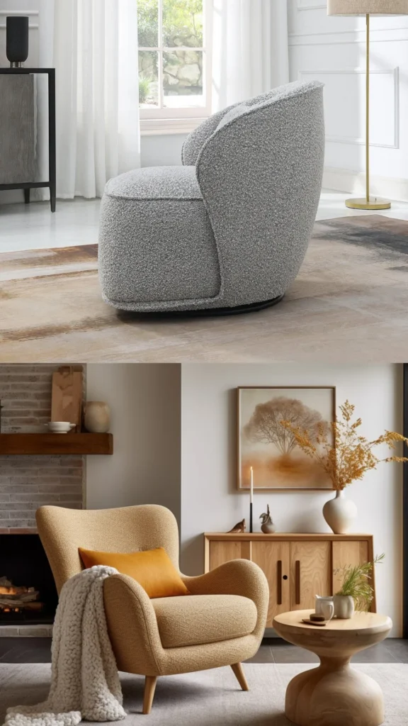 boucle armchair barrel shaped warm earthy living room structured cozy organic