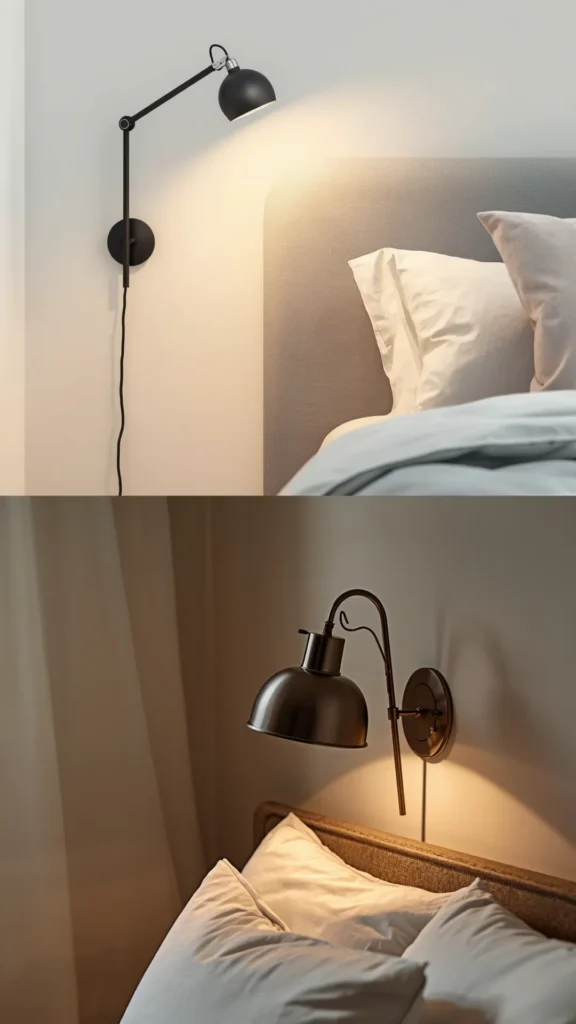 bedroom lighting ideas swing arm bedside lamp flexible reading light warm brass wall mounted
