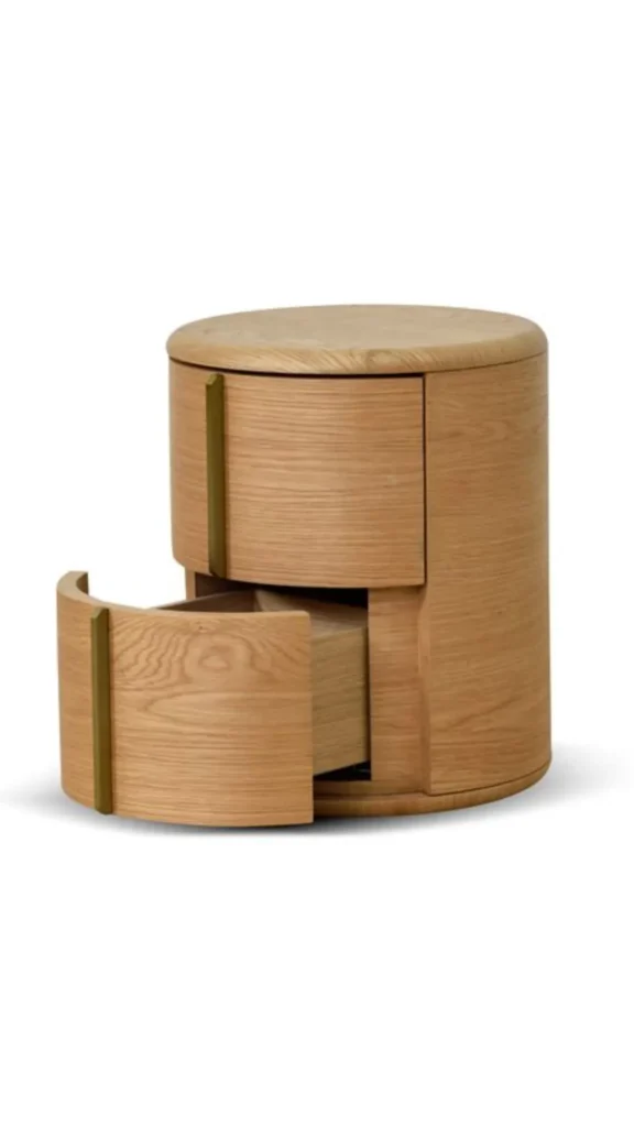 curved bedside table two tier organic storage below bedroom practical warm 2026