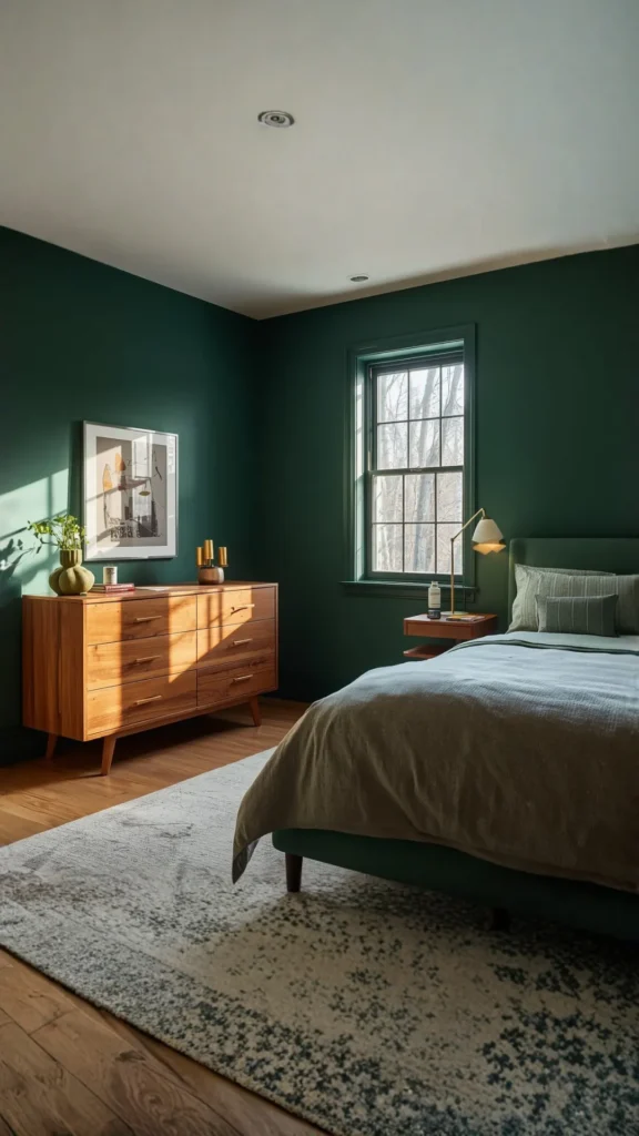 cozy cabin bedroom ideas dark moody walls warm honey wood furniture contrast inviting