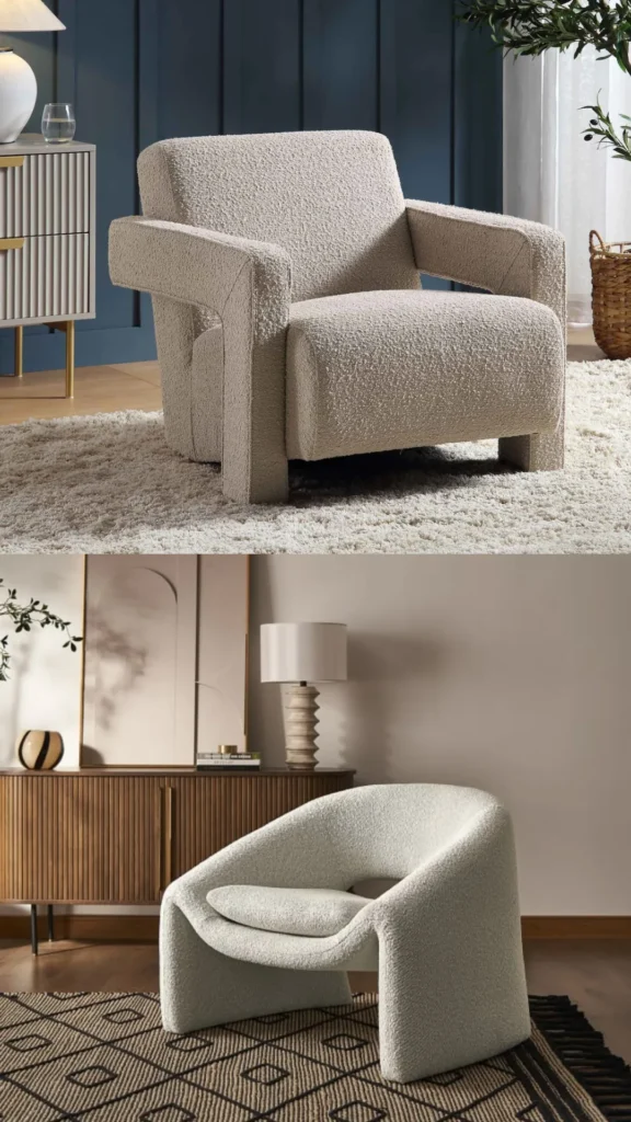boucle armchair sculptural wood legs curved warm organic interior living room 2026