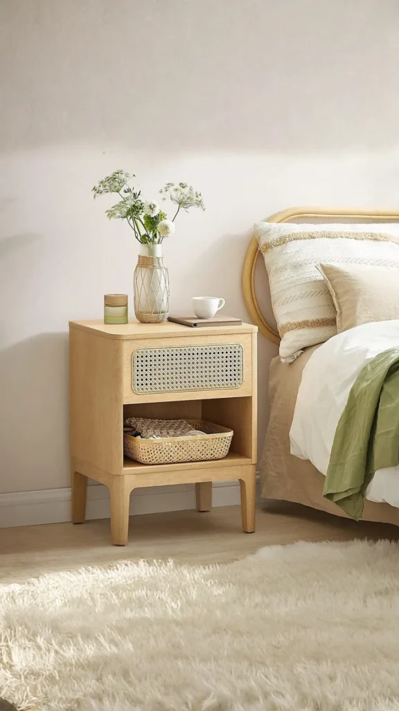 curved bedside table rattan woven boho organic bedroom warm texture 2026