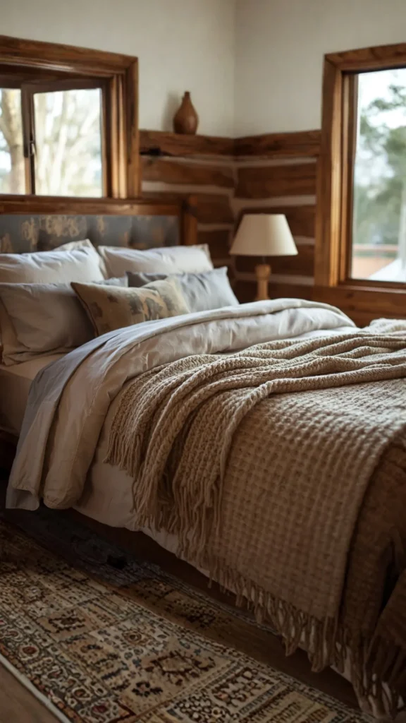 cozy cabin bedroom ideas layered bedding linen sheets wool blanket chunky knit throw