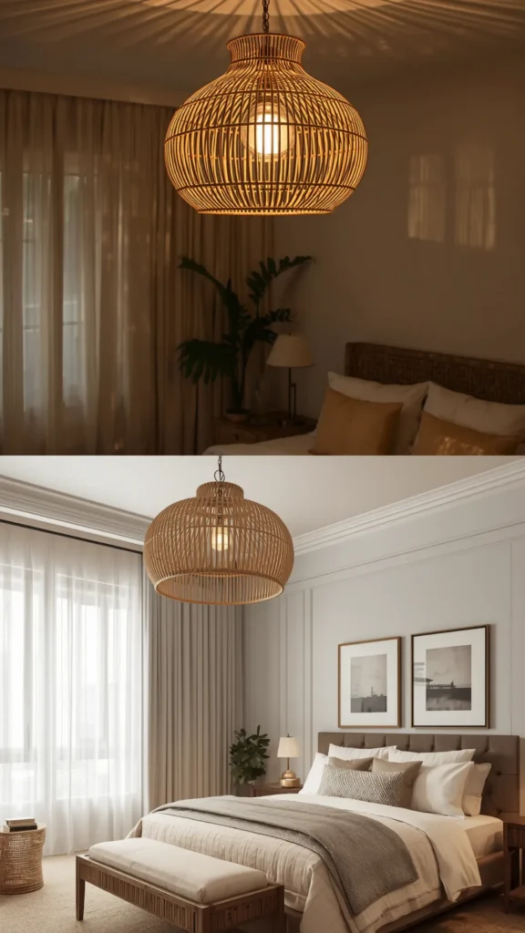 bedroom lighting ideas warm statement ceiling light rattan organic chandelier warm glow