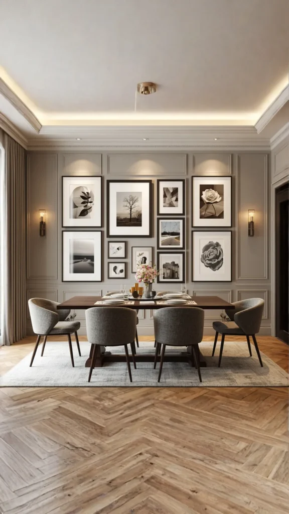 gallery wall dining room classic grid matching frames symmetrical clean arrangement warm