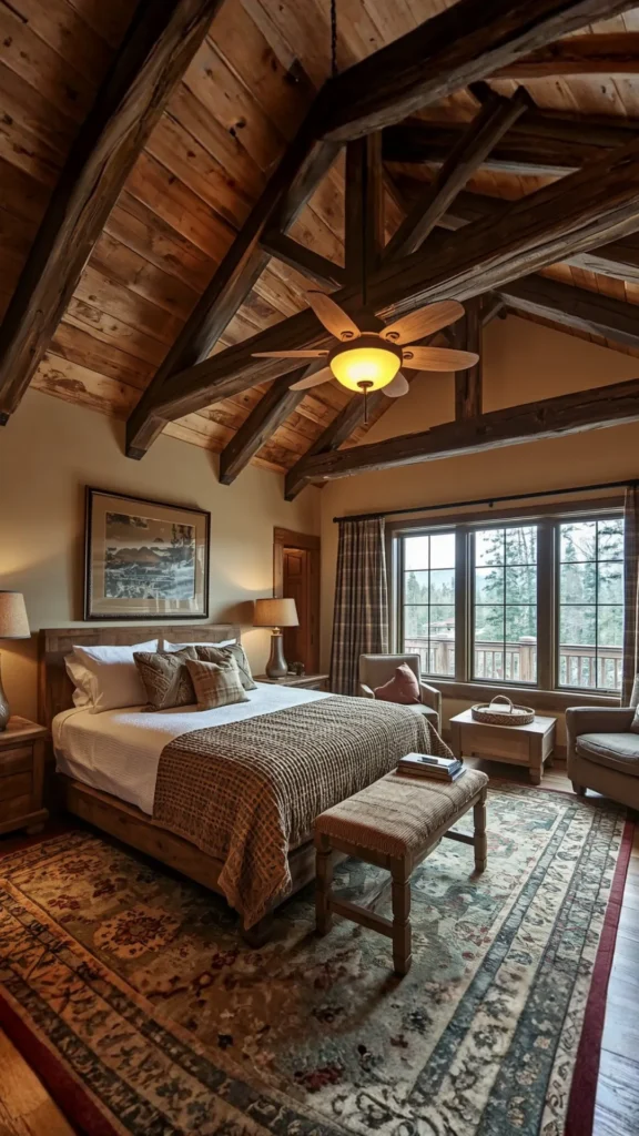 cozy cabin bedroom ideas exposed dark wood ceiling beams overhead architectural rustic