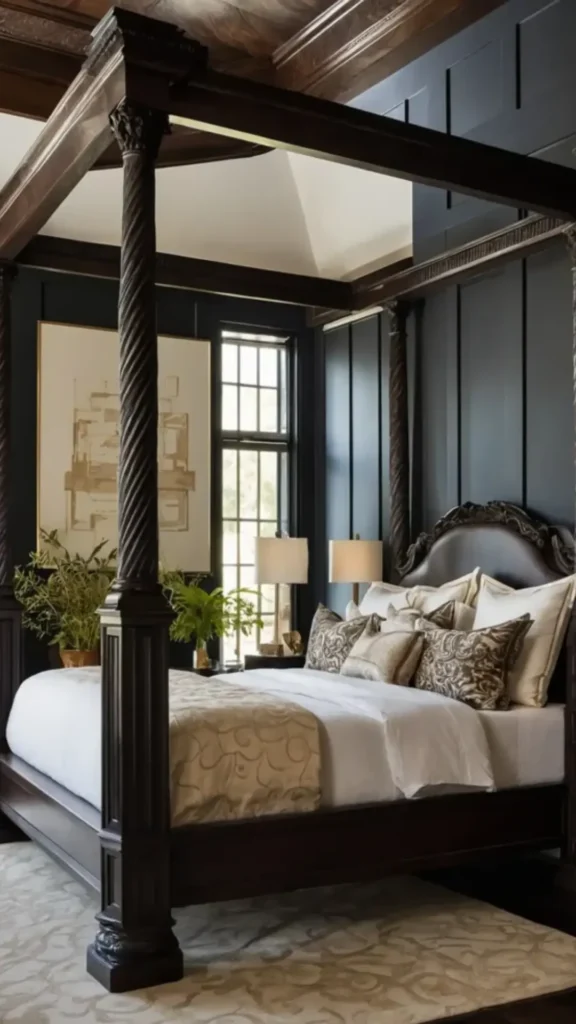 cozy cabin bedroom ideas four poster canopy dark wood bed frame