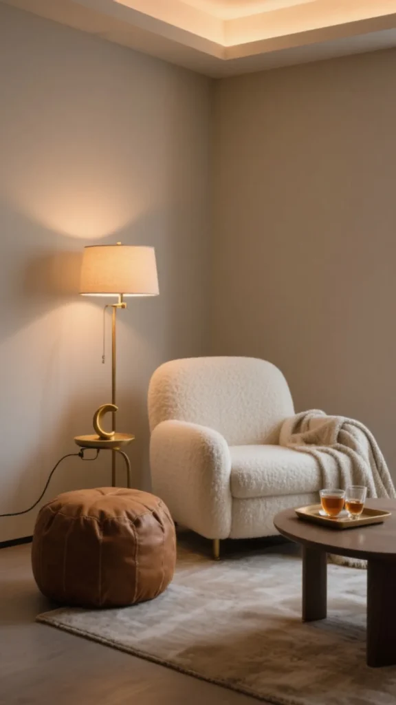 boucle armchair reading corner living room floor lamp side table perfectly styled cozy