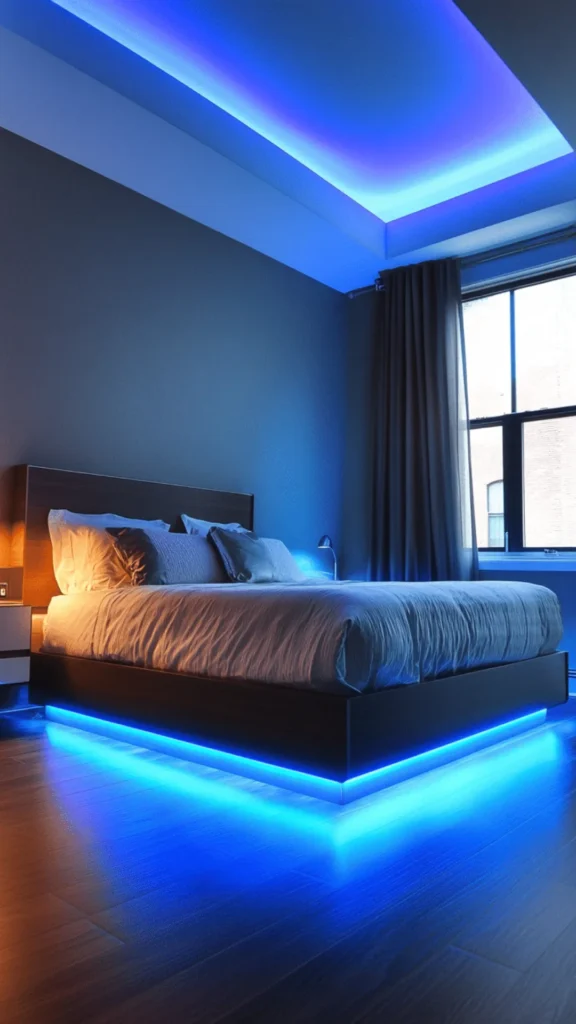 bedroom lighting ideas under bed LED strip lighting warm floating effect dreamy atmosphere