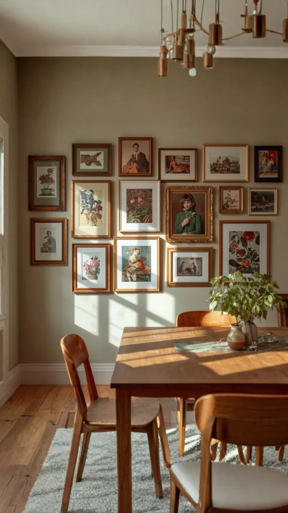 gallery wall dining room organic salon style mixed sizes warm eclectic frames layered