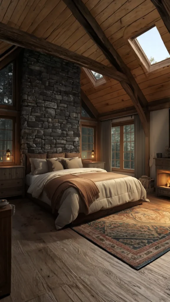 cozy cabin bedroom ideas stone feature wall behind bed dramatic rustic warm