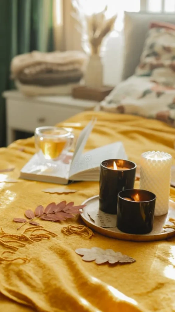 cozy cabin bedroom ideas wood wick candle nightstand scent