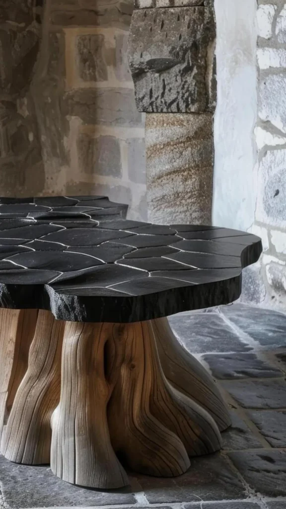 organic coffee table multiple materials stone wood ceramic combined
