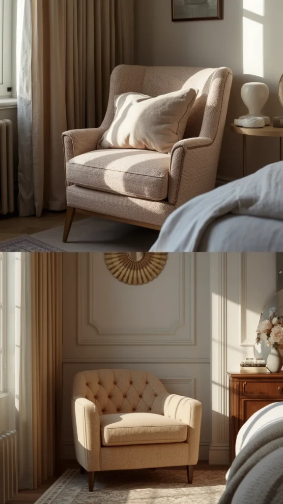 boucle armchair bedroom corner reading getting ready inviting warm organic cozy
