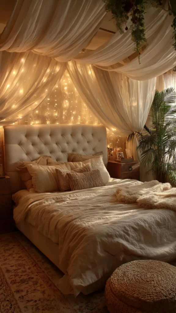 bedroom lighting ideas fairy lights canopy headboard warm magical dreamy atmosphere