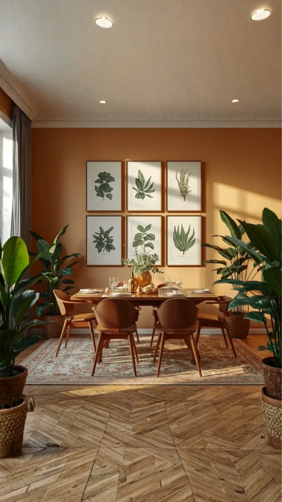 gallery wall dining room botanical nature prints warm plants nearby organic modern