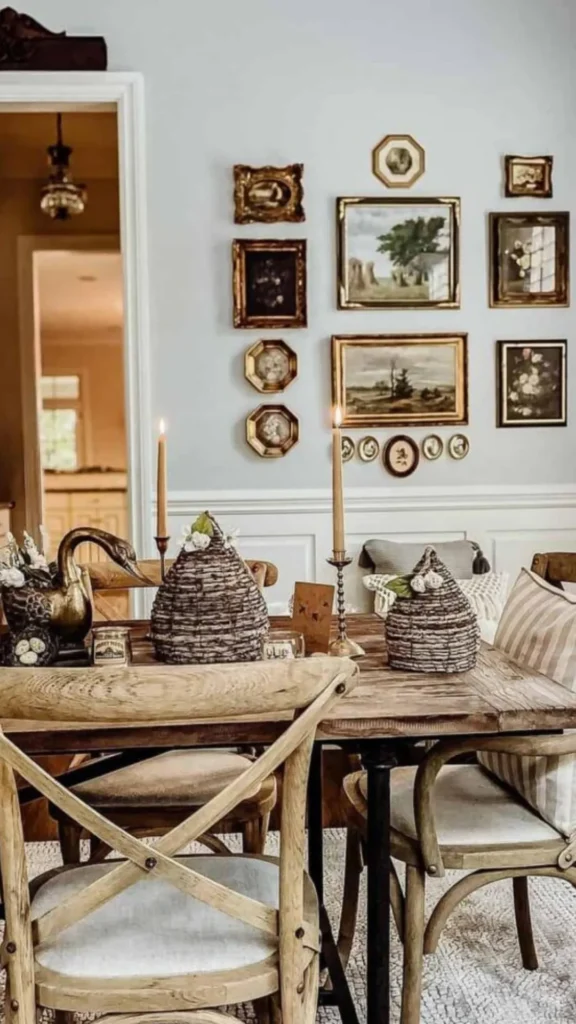 gallery wall dining room family photo warm frames personal