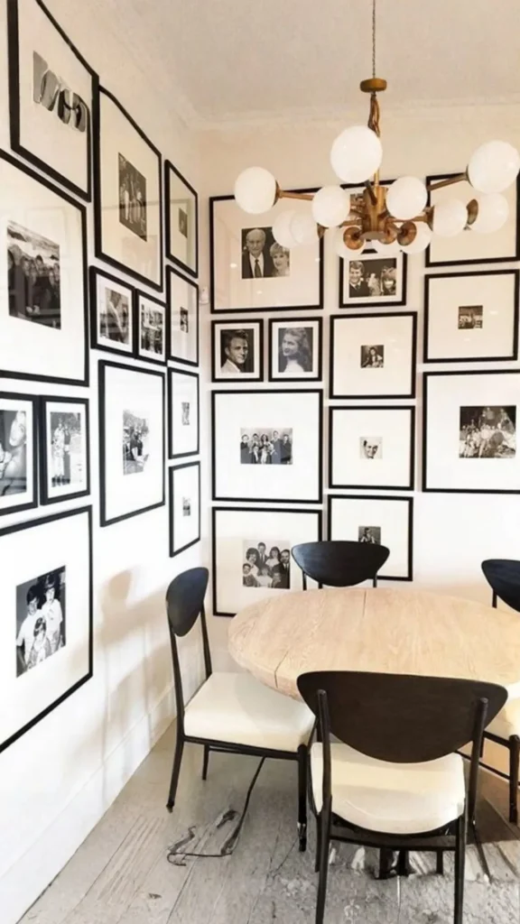gallery wall dining room black white photography striking warm contrast elegant simple