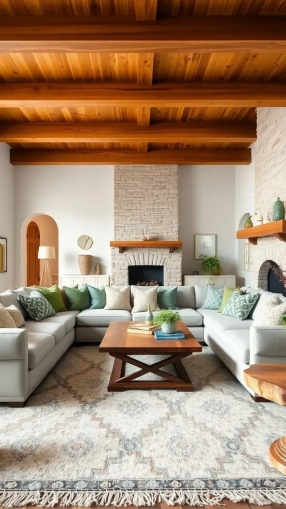 modern farmhouse living room refined elements wood linen ceramics warmth 2026