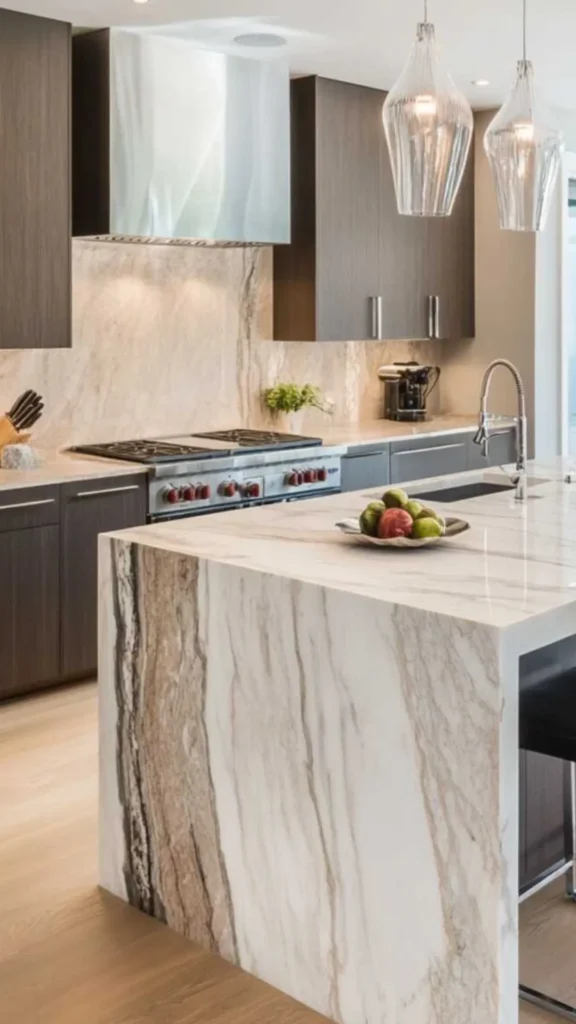 light oak kitchen cabinets waterfall countertop edge stone island modern 2026