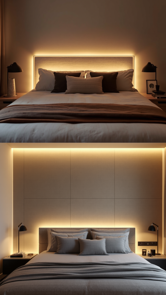 bedroom lighting ideas backlit headboard effect soft warm glow behind bed atmospheric luxury