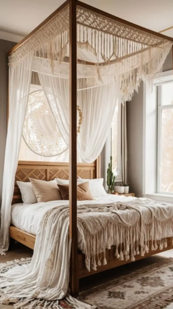 boho bedroom ideas canopy bed sheer draped fabric flowing