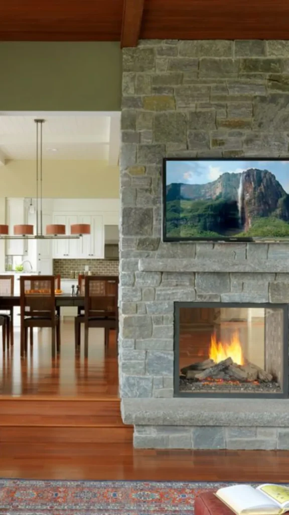 stone fireplace ideas double sided two rooms visible both
