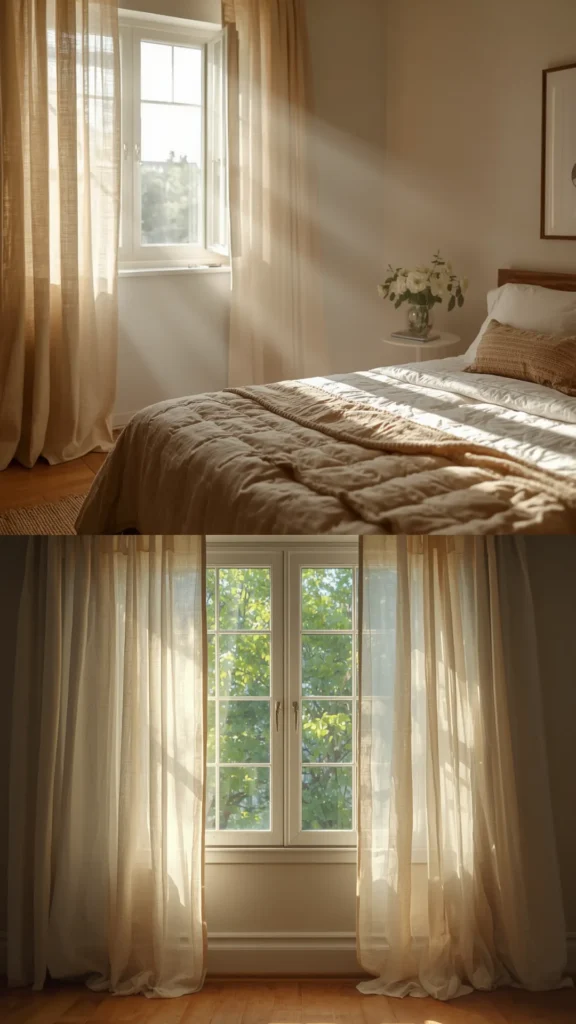 bedroom lighting ideas natural light maximisation sheer linen curtains morning light soft bright