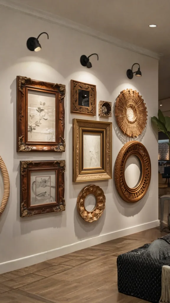 gallery wall dining room mixed frames wood brass ceramic rattan warm eclectic textures