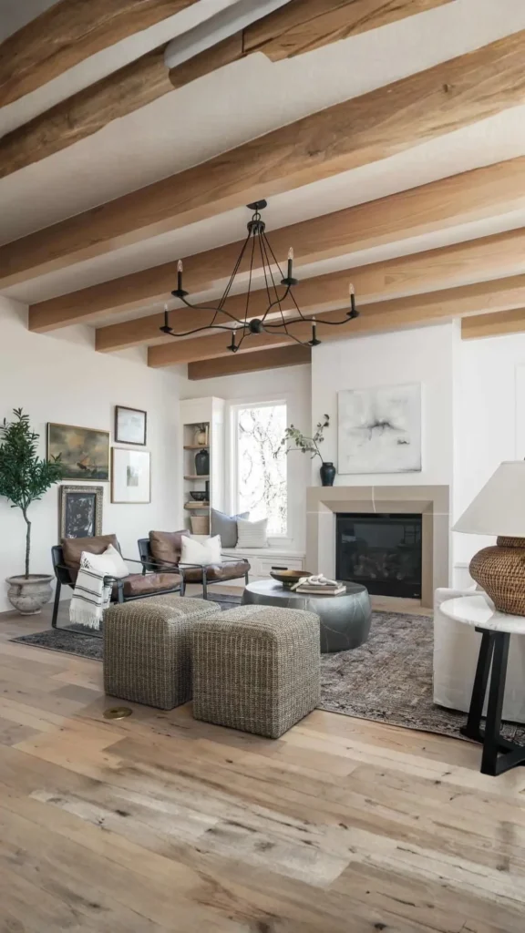 modern farmhouse living room exposed wood beams ceiling warm architectural 2026