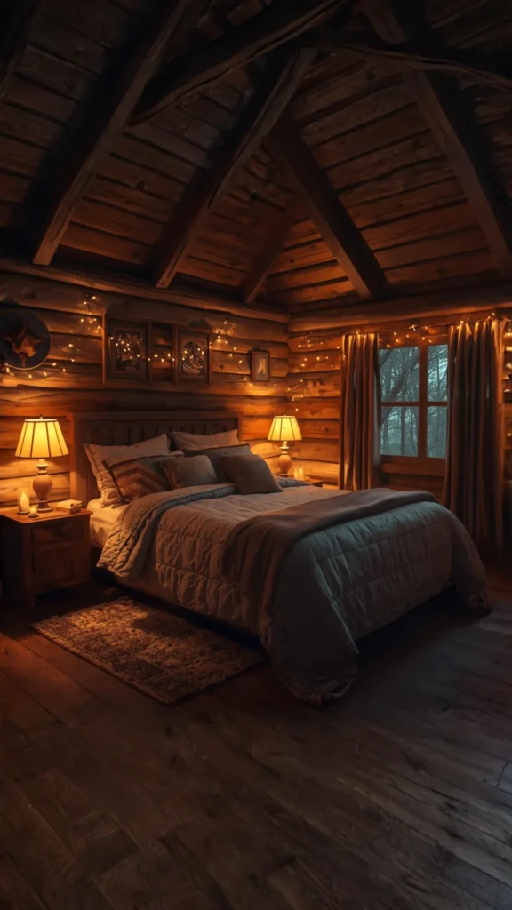 cozy cabin bedroom ideas warm atmospheric layered lighting lamps candles fairy lights