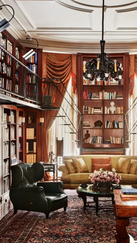maximalist home decor library floor ceiling overflowing bookshelves layered