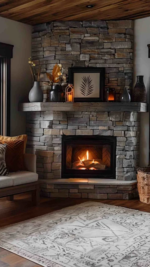 stone fireplace ideas corner fitted awkward shaped room