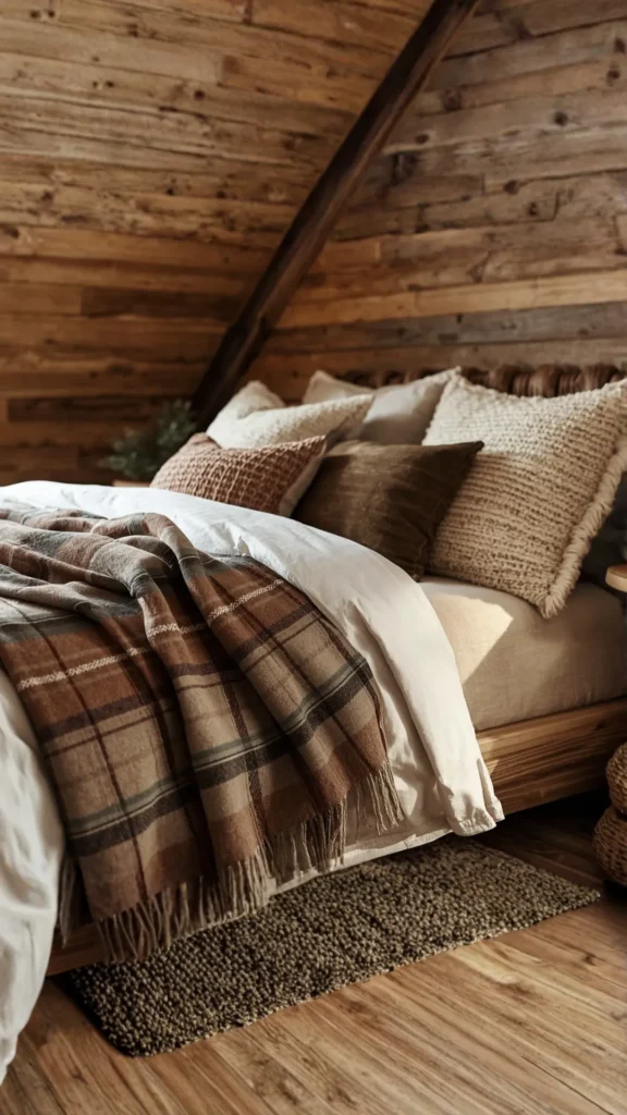cozy cabin bedroom ideas plaid throw linen bedding boucle cushions layered textures