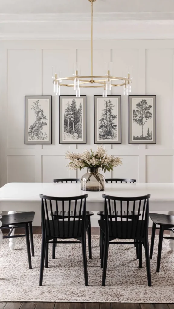 gallery wall dining room shelves three dimensional objects alongside framed art warm eclectic