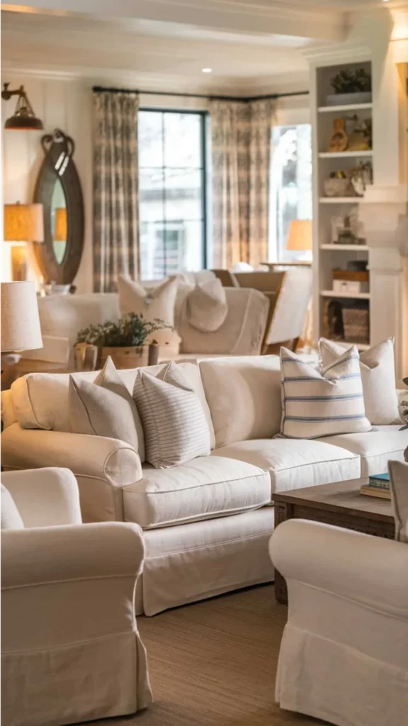 modern farmhouse living room linen sofa warm white slipcovered comfortable 2026