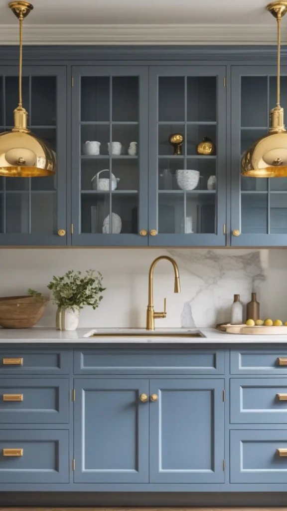 light oak kitchen cabinets blue grey accents soft muted pairing 2026