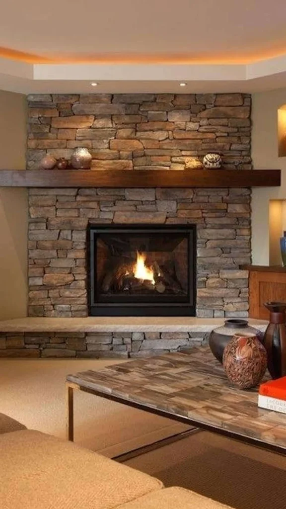 stone fireplace ideas built in bench seating base