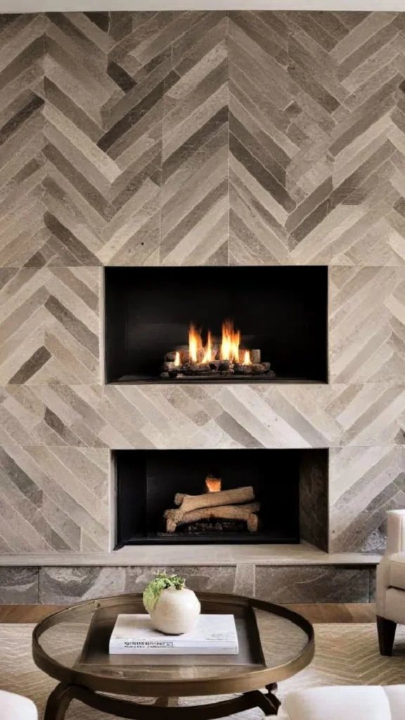 stone fireplace ideas herringbone pattern surround