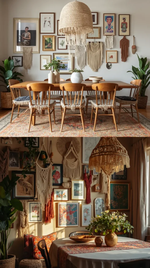 gallery wall dining room boho eclectic macrame mixed art abundant warm layered personal