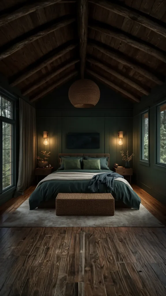 cozy cabin bedroom ideas forest green walls warm wood golden lighting moody perfect