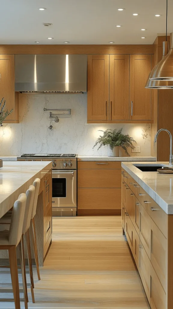 light oak kitchen cabinets open concept dining room flow seamless warm 2026