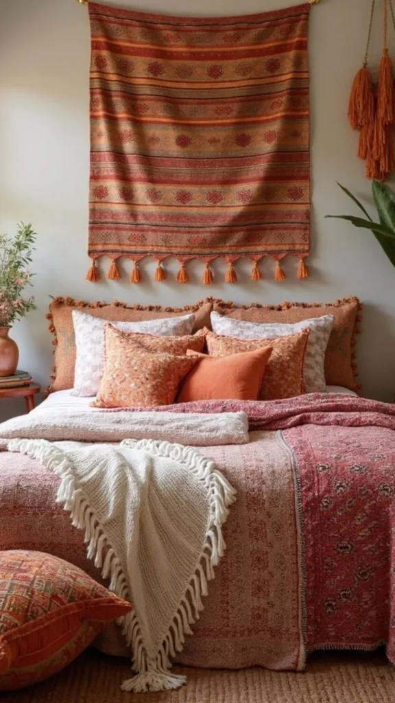 boho bedroom ideas kilim global textile patterns layered cushions