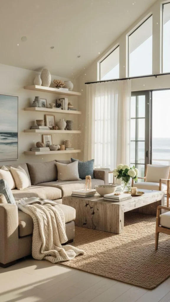 modern farmhouse living room open wood shelving ceramics handmade warm 2026