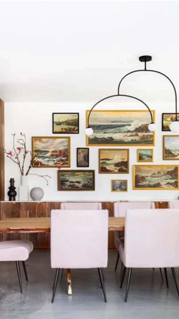 gallery wall dining room wraps corner continuous arrangement
