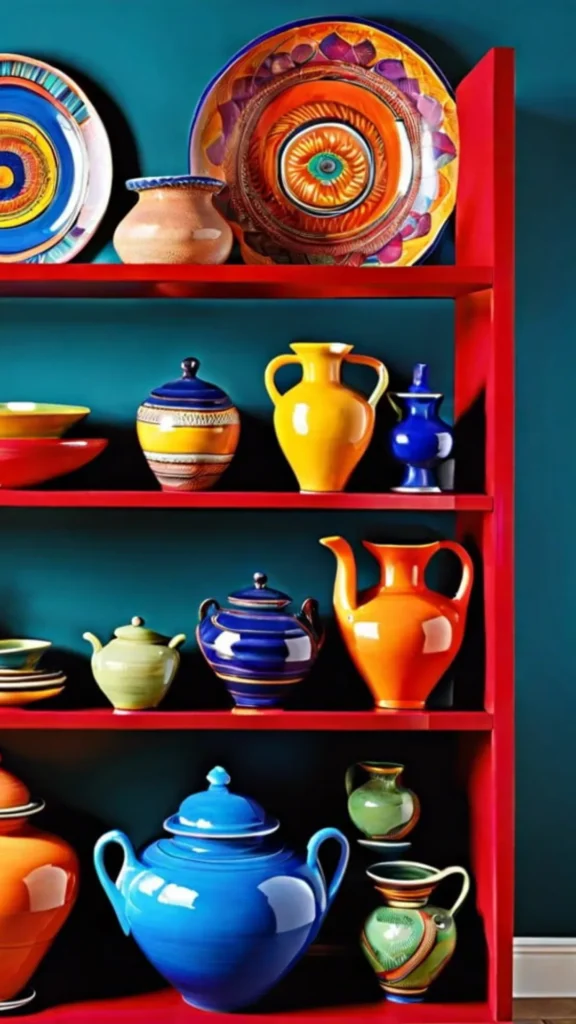 maximalist home decor ceramics collection dense shelf varied colors forms