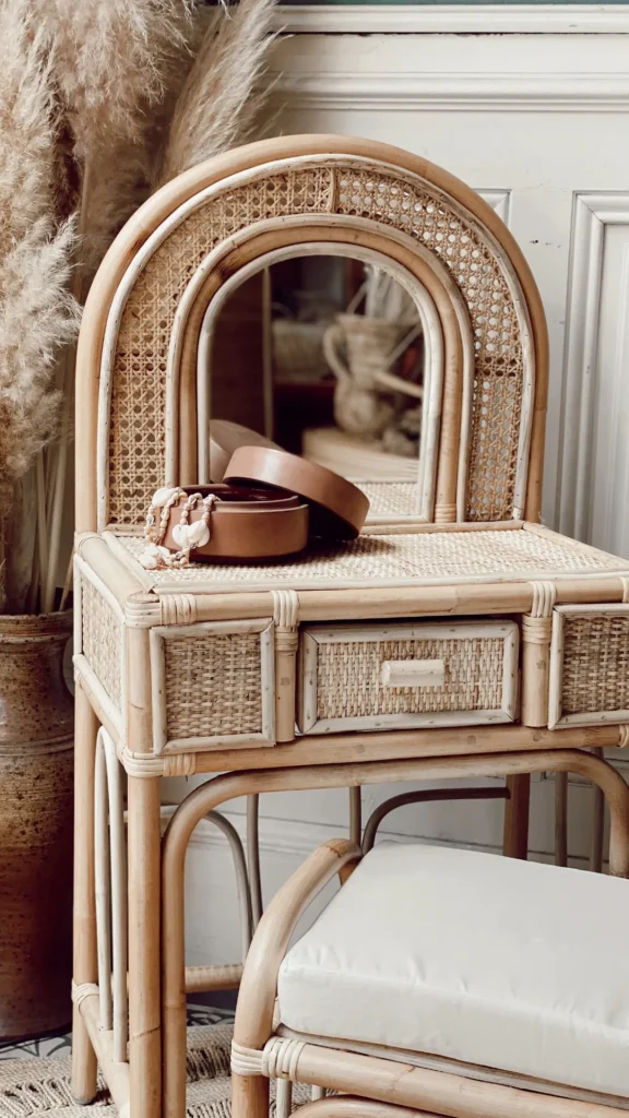 boho bedroom ideas vanity vintage sunburst mirror rattan corner