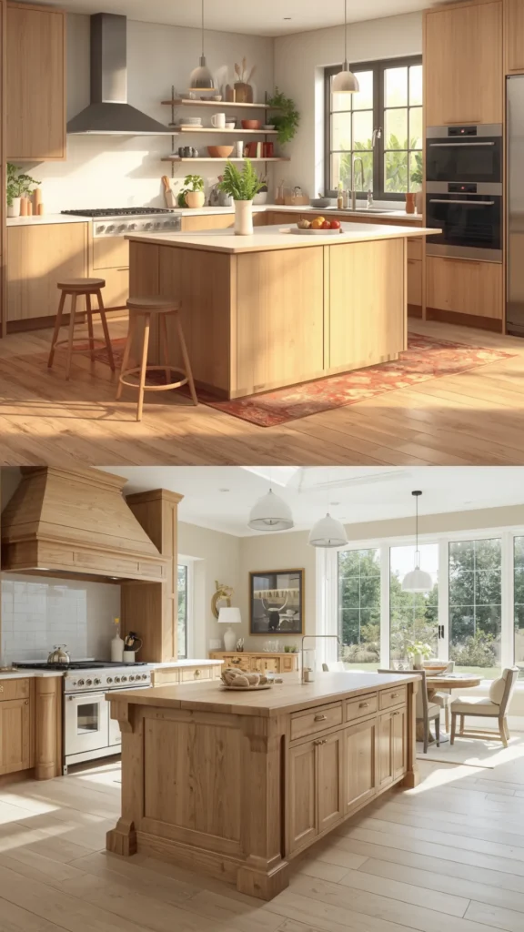 light oak kitchen cabinets island statement centrepiece warm bright open kitchen 2026