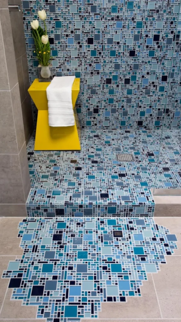 walk-in shower ideas contrasting mosaic floor small tile